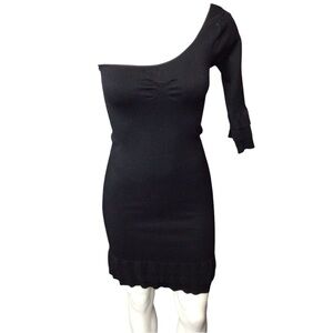 bebe Black One-Shoulder Body Con Ruffle Hem Dress